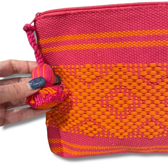 2-PACK SET HANDWOVEN PINK & ORANGE MAKE UP ACCESSORY BAGS 100% COTTON EXTERIOR - Picture 8 of 10
